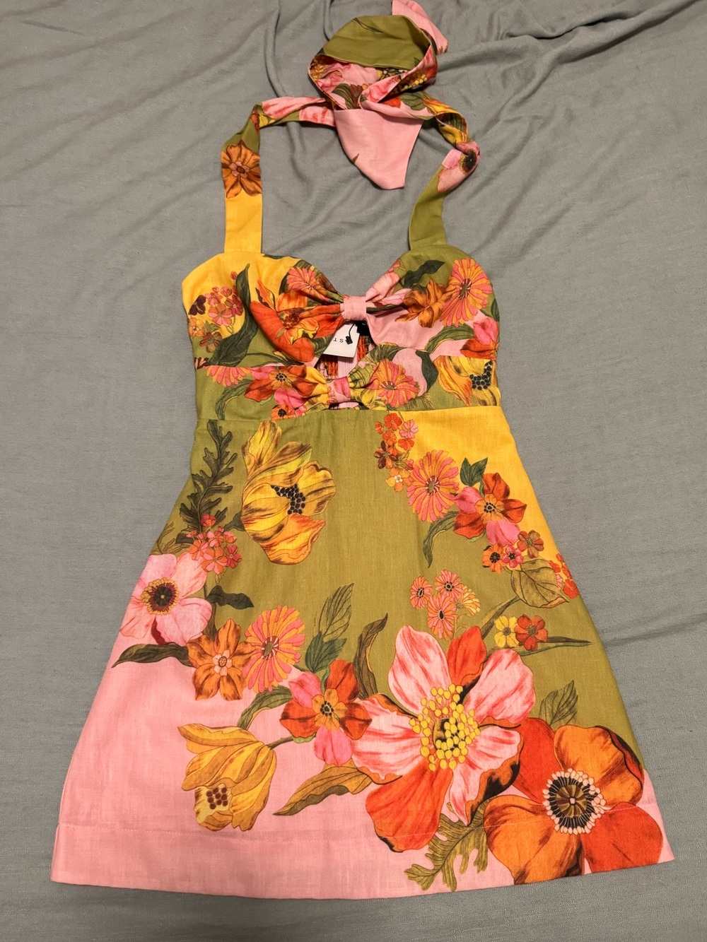 Floral Linen Resort Mini Halter Tie Dress (small) - Picture 3 of 12